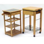 A beech kitchen island/trolley on square legs, 19¾” wide; & a pine ditto, 19½” wide.