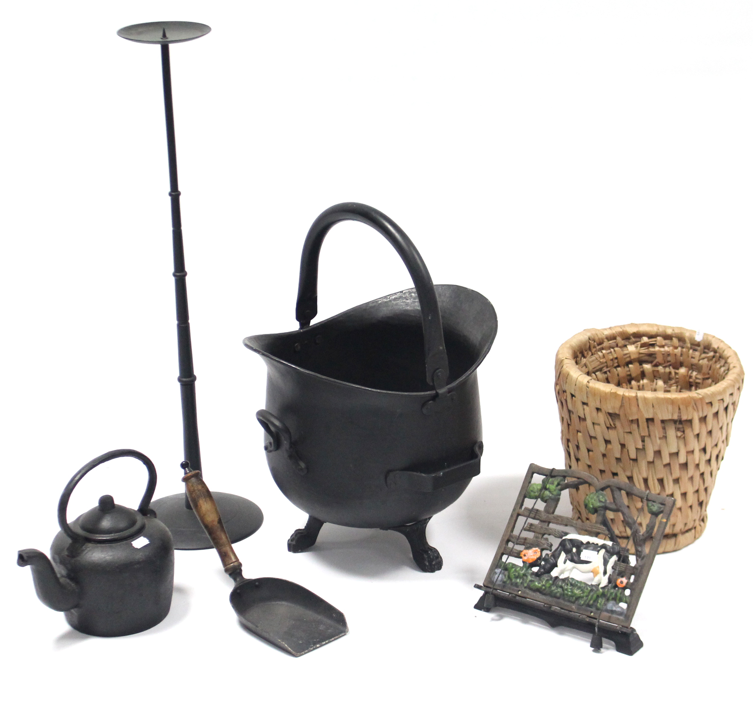 An iron helmet-shaped coal scuttle; an iron kettle; various other items of metalware, etc.