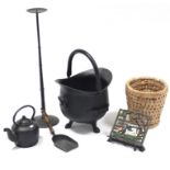 An iron helmet-shaped coal scuttle; an iron kettle; various other items of metalware, etc.
