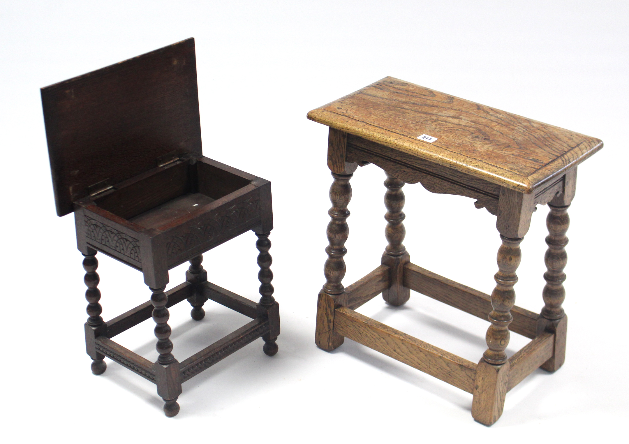 An oak joint stool with moulded edge to the rectangular top, & on turned supports with plain - Image 2 of 2