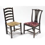 A Georgian splat-back dining chair with padded drop-in-seat, & on square legs with plain stretchers,