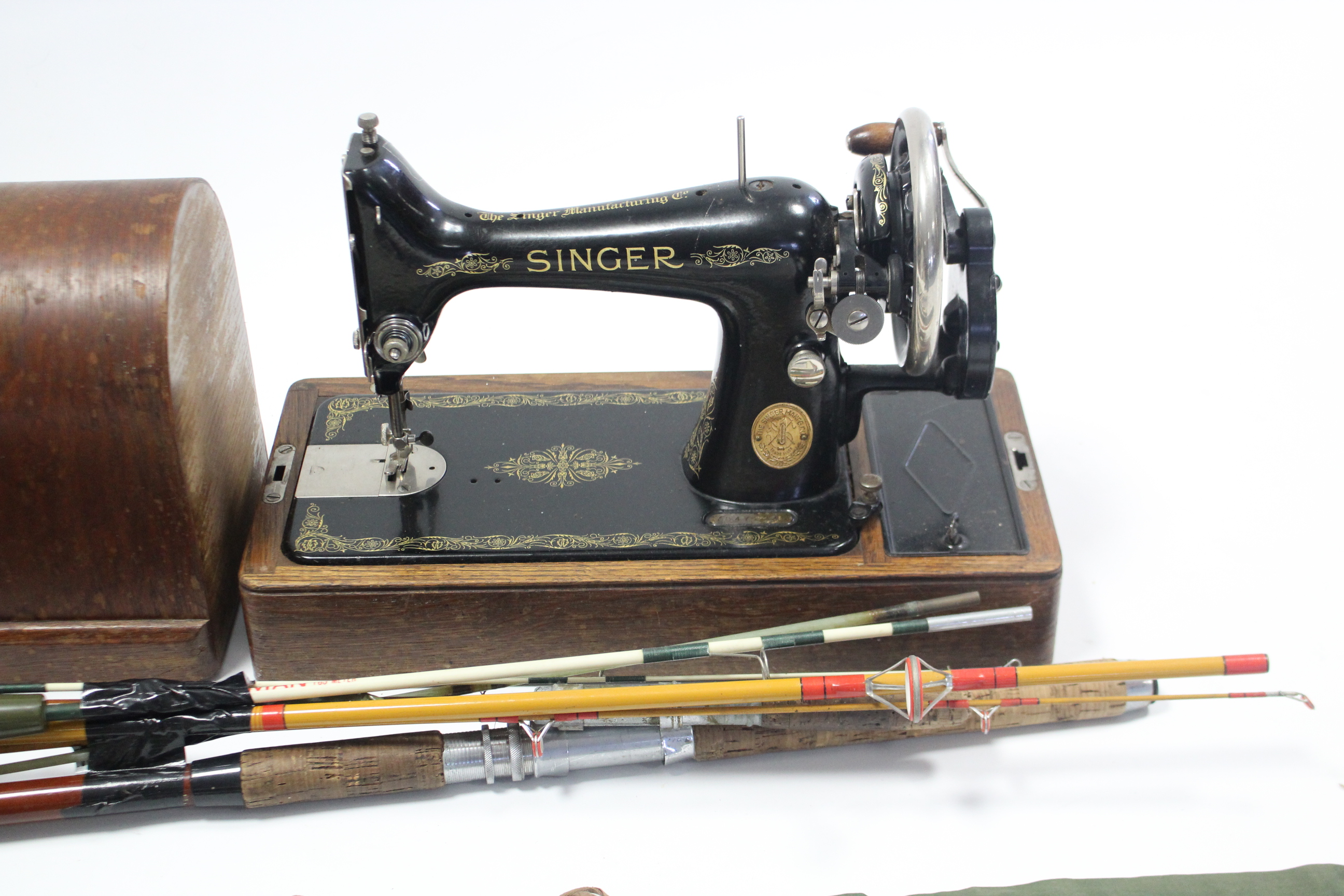 A Singer hand sewing machine with oak carrying case; together with two coloured prints; & three - Image 2 of 3