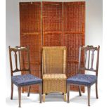 A pair of Art Nouveau-style mahogany frame dining chairs with padded seats; together with a wicker