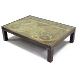 A large brass-mounted teak rectangular low coffee table inset coloured map to the top, & on short