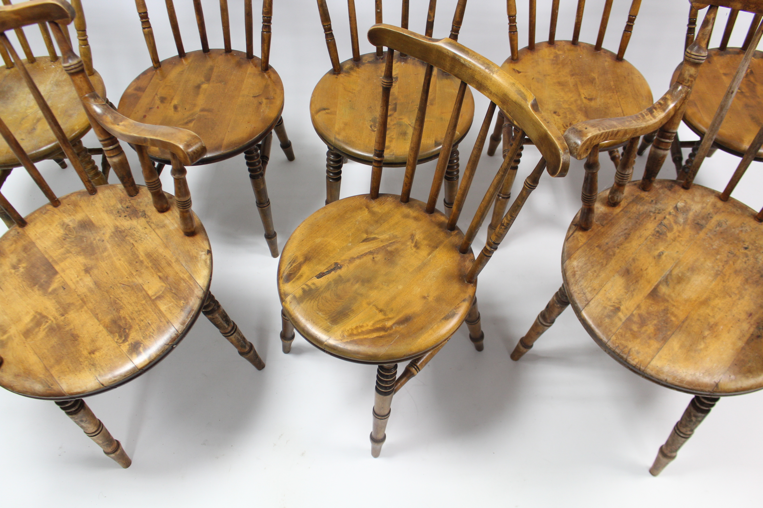 A set of eight spindle-back dining chairs (including a pair of carvers) with hard circular - Image 3 of 3