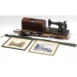 A Singer hand sewing machine with oak carrying case; together with two coloured prints; & three