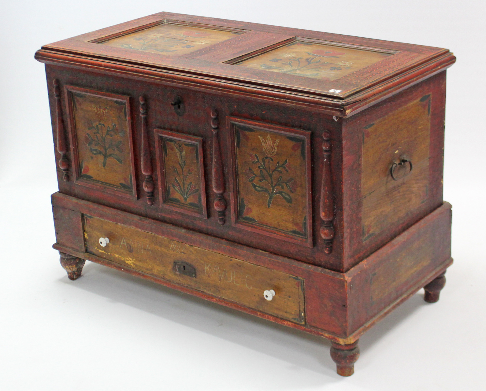 A similar East European painted pine marriage chest, 49” wide x 34½” high. - Image 2 of 5