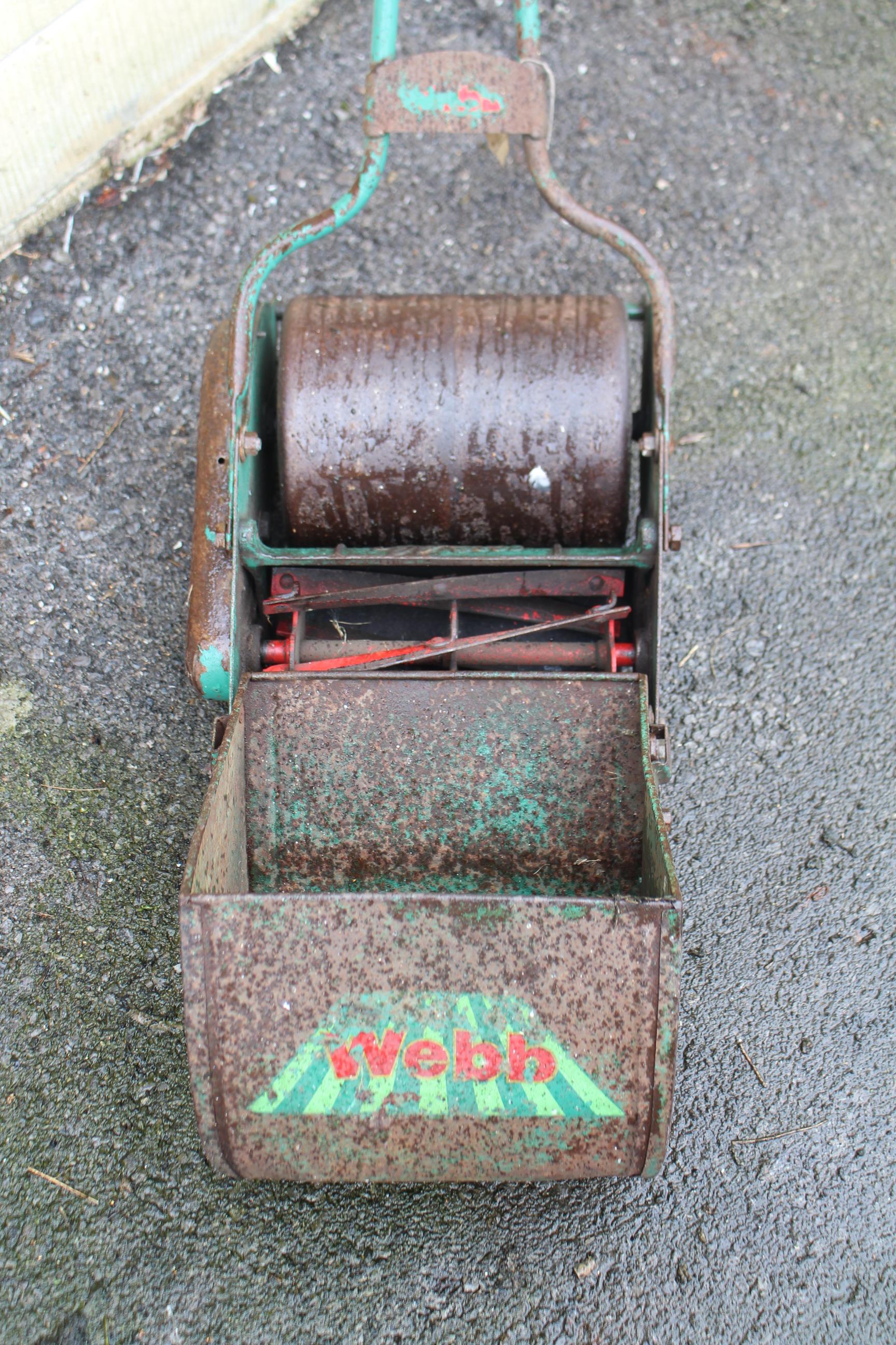 A ‘WEBB’ child’s toy push-along mower, with grass box, worn paintwork. - Image 2 of 3