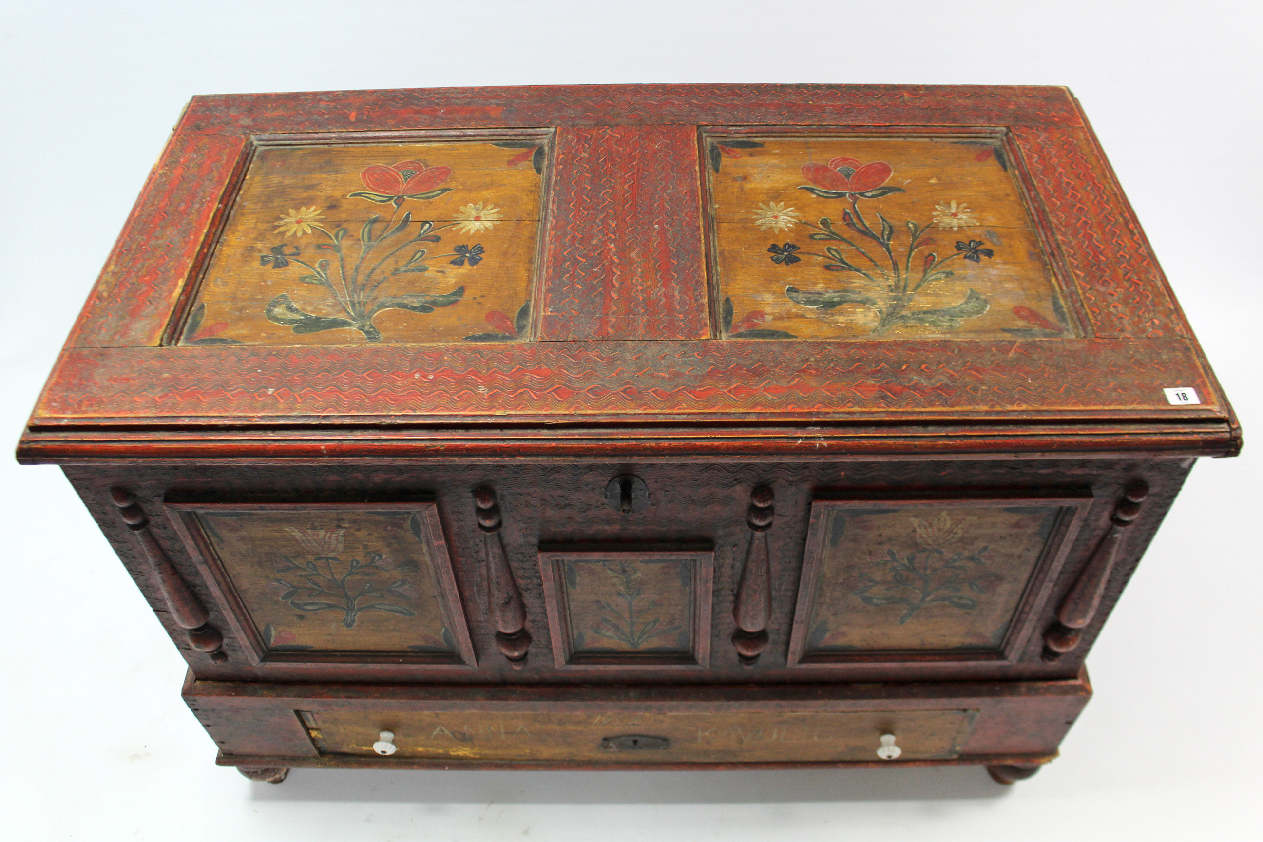 A similar East European painted pine marriage chest, 49” wide x 34½” high. - Image 4 of 5