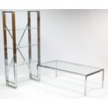 A silvered-metal five-tier open bookcase with tempered-glass shelves, 27½” wide x 57½” high; & a sim