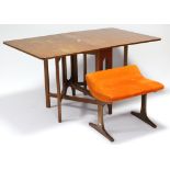 A teak drop-leaf kitchen table on square supports, 32½” wide; & a similar dressing table stool,