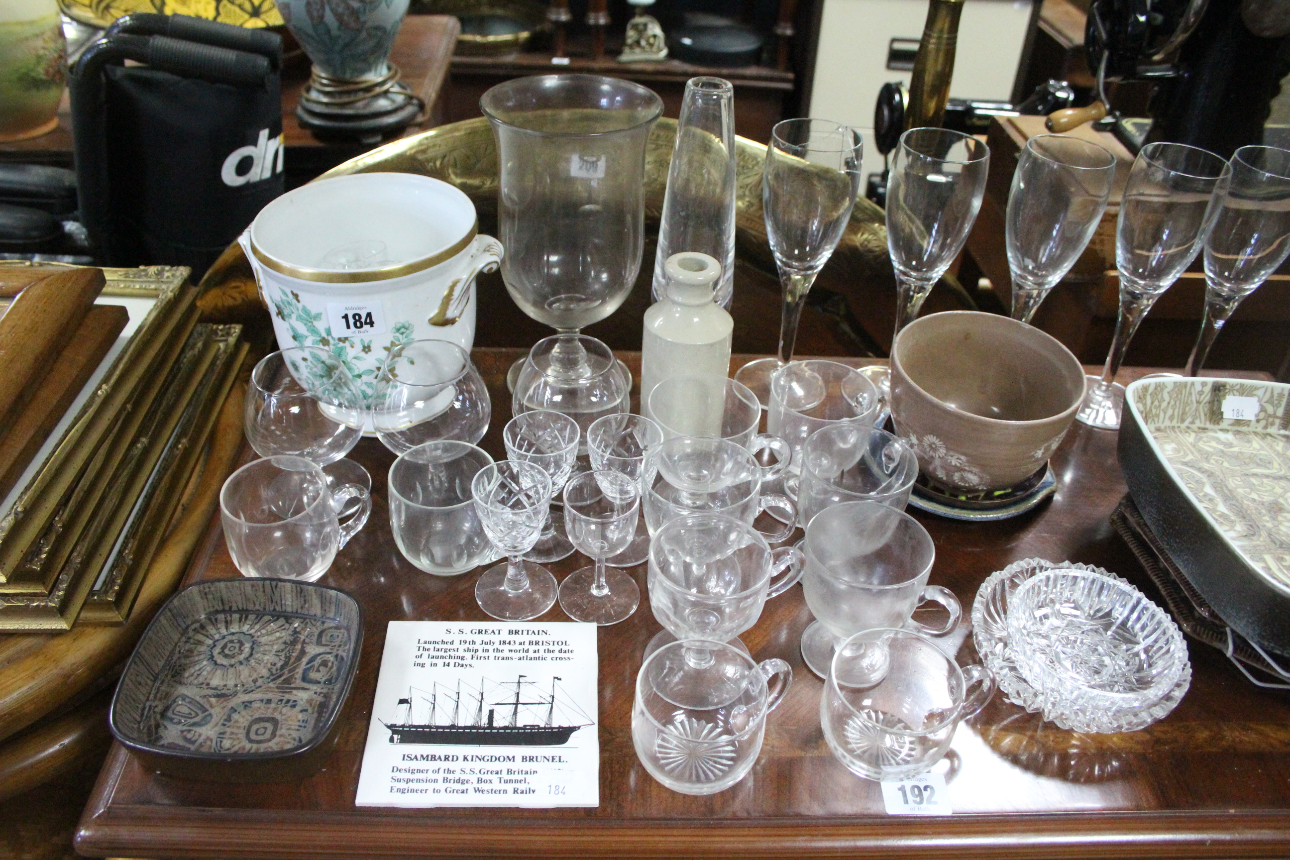 Ten various glass custard cups; a glass celery vase; & sundry other items.