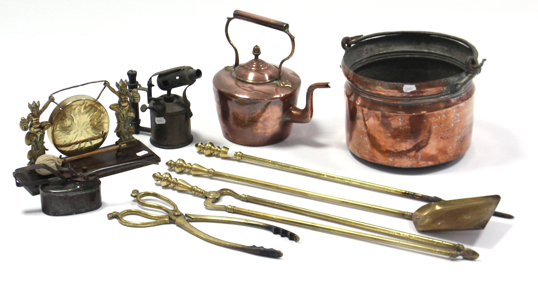 A brass fire curb, 51½” long; a set of three brass fire-implements; a brass-frame three-fold spark - Image 2 of 2