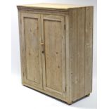 An early 20th century pine cupboard fitted three shelves enclosed by pair of panel doors, & on bun