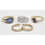Two 9ct gold gem-set dress rings; a white gold gem-set dress ring; & a pair of 9ct gold earrings.