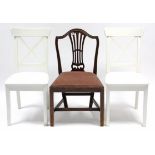 A Hepplewhite-style mahogany splat-back dining chair with padded drop-in-seat, & on square chamfered