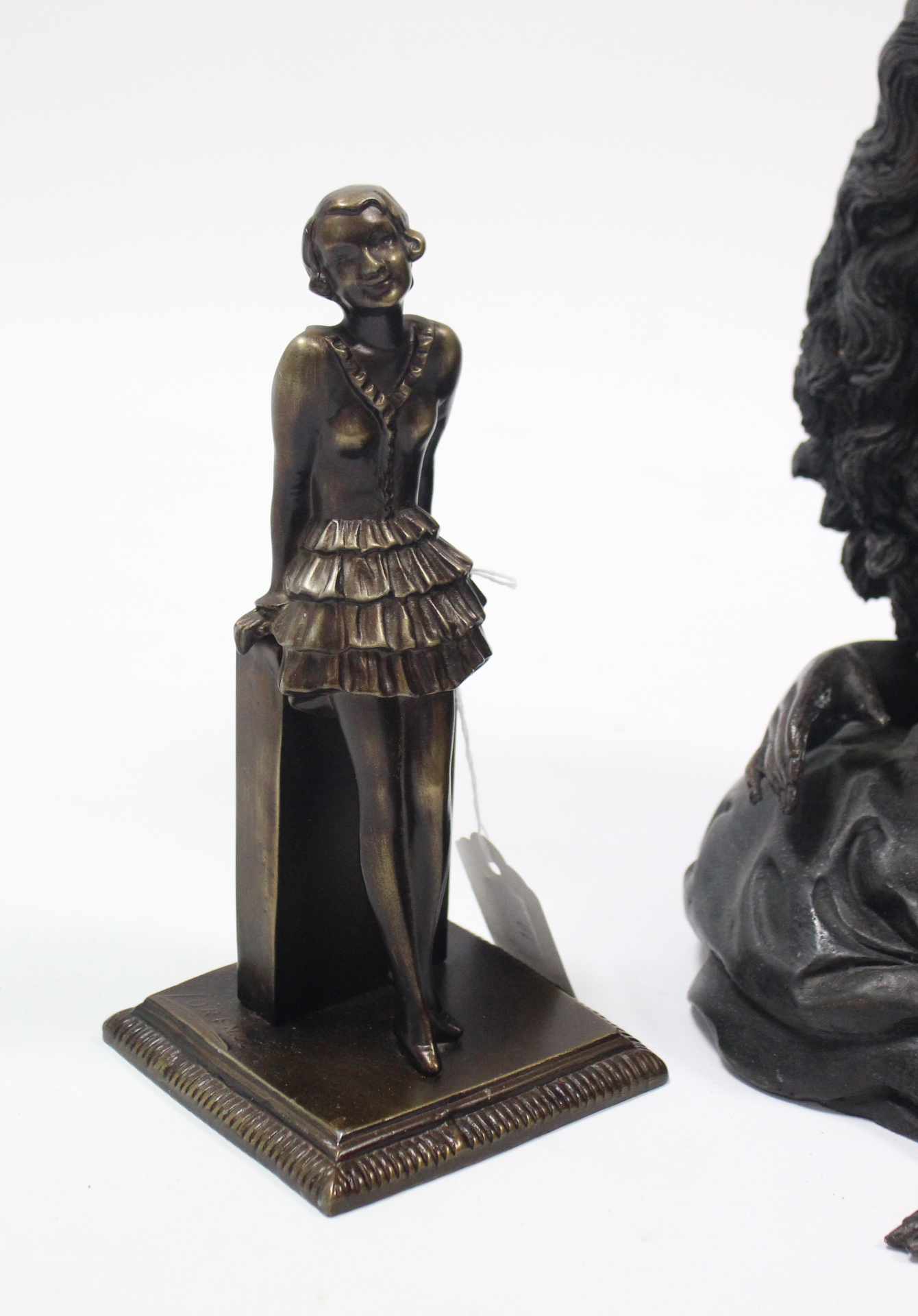 A bronzed ornament in the form of a recumbent nude female figure, 23” long; & a bronzed ballerina - Image 2 of 3