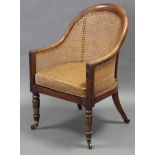 A William IV rosewood bergere chair with cane seat, back & sides, on turned & carved front legs with