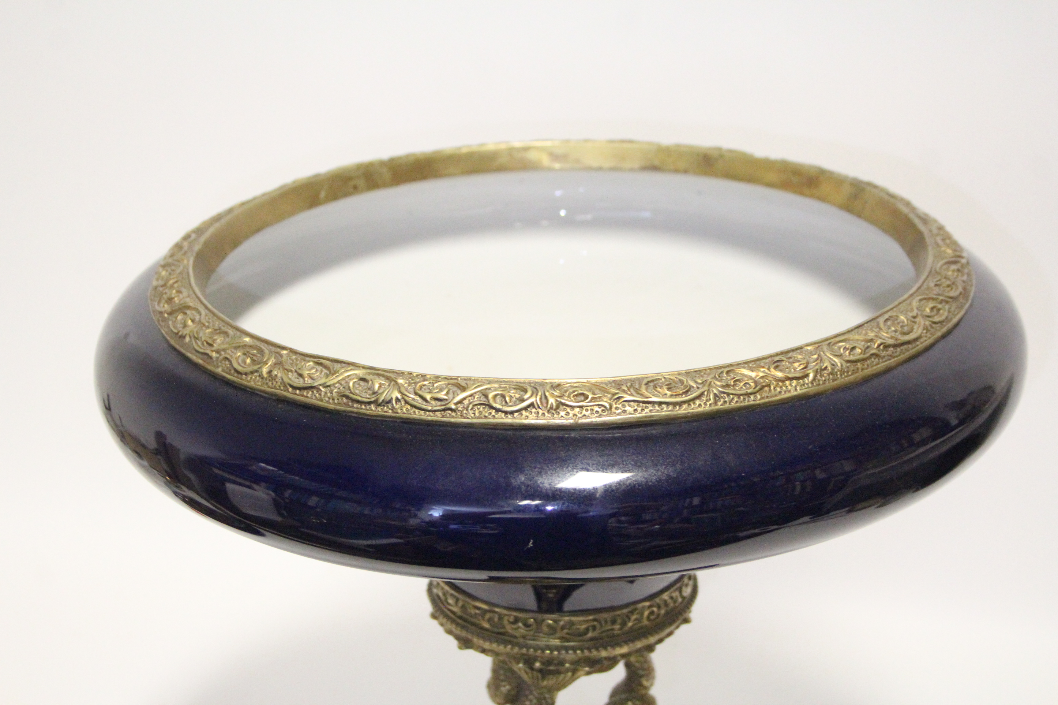 A late 19th/early 20th century continental pottery large comport with deep blue glaze & gilt metal - Image 3 of 4