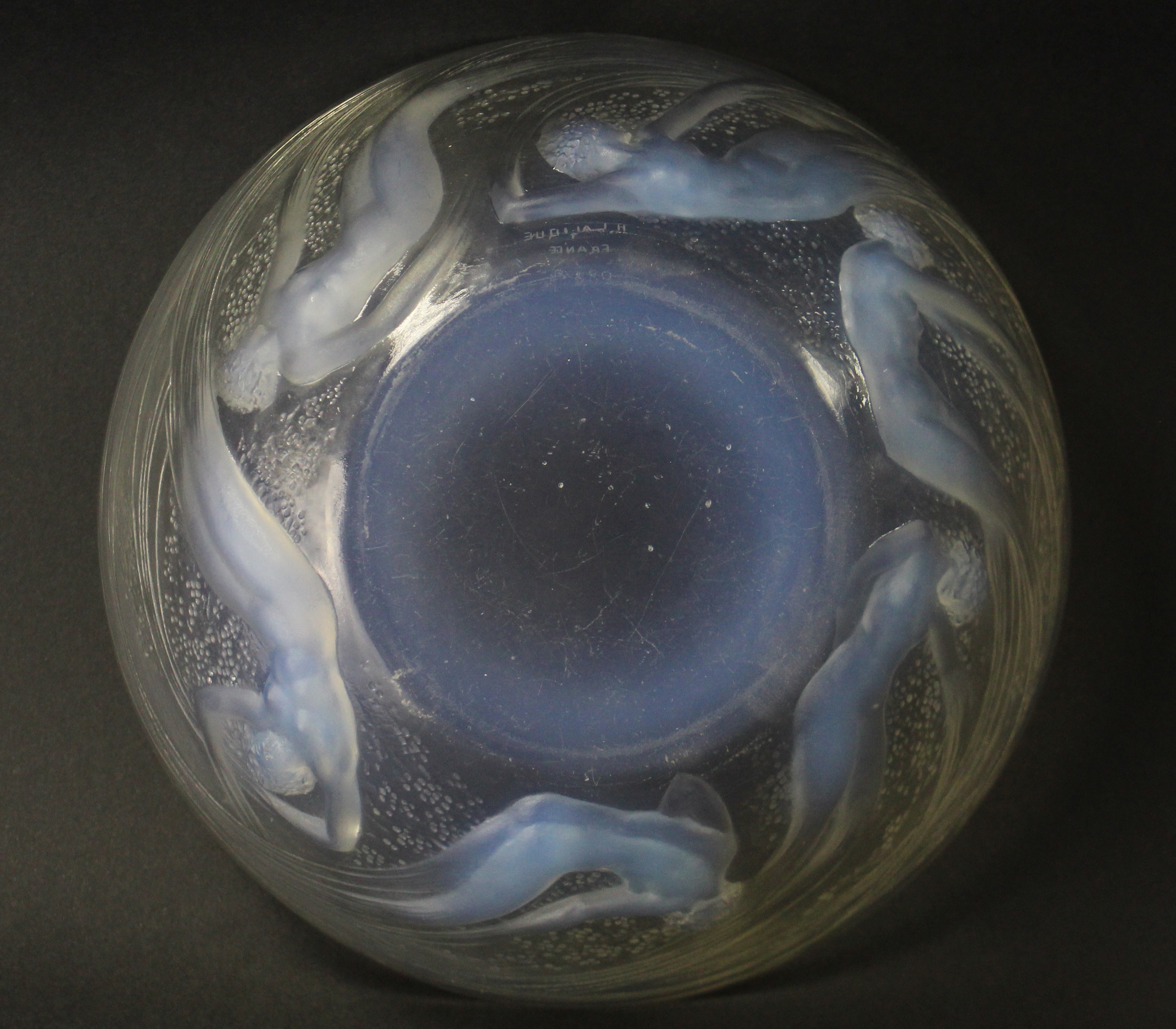 A LALIQUE “ONDINES” OPALESCENT GLASS BOWL, moulded in relief with six mermaids, 8¼” diam., wheel-cut - Image 4 of 4