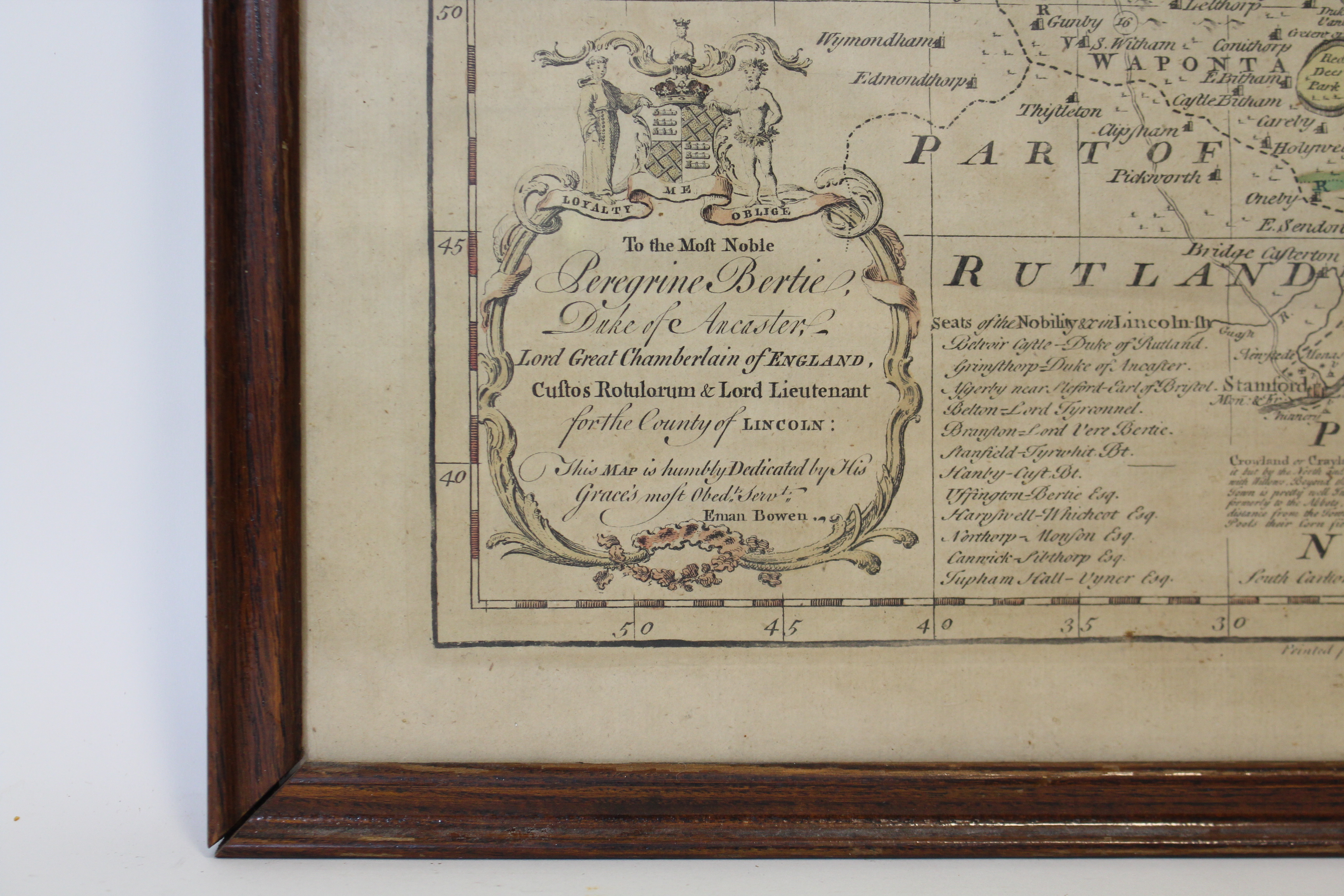 An 18th century coloured engraving “An Accurate Map of Lincolnshire” by Eman. Bowen, printed for - Image 3 of 3