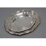 A Sheffield plated oval meat plate with shaped & moulded shell & leaf-scroll rim, an engraved