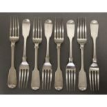 Eight Victorian silver Fiddle pattern dessert forks, London 1854 by Elizabeth Eaton (12 oz).