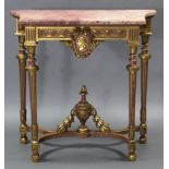 A 19th century FRENCH CARVED GILTWOOD & PAINTED CONSOLE TABLE, the rectangular breccia marble top