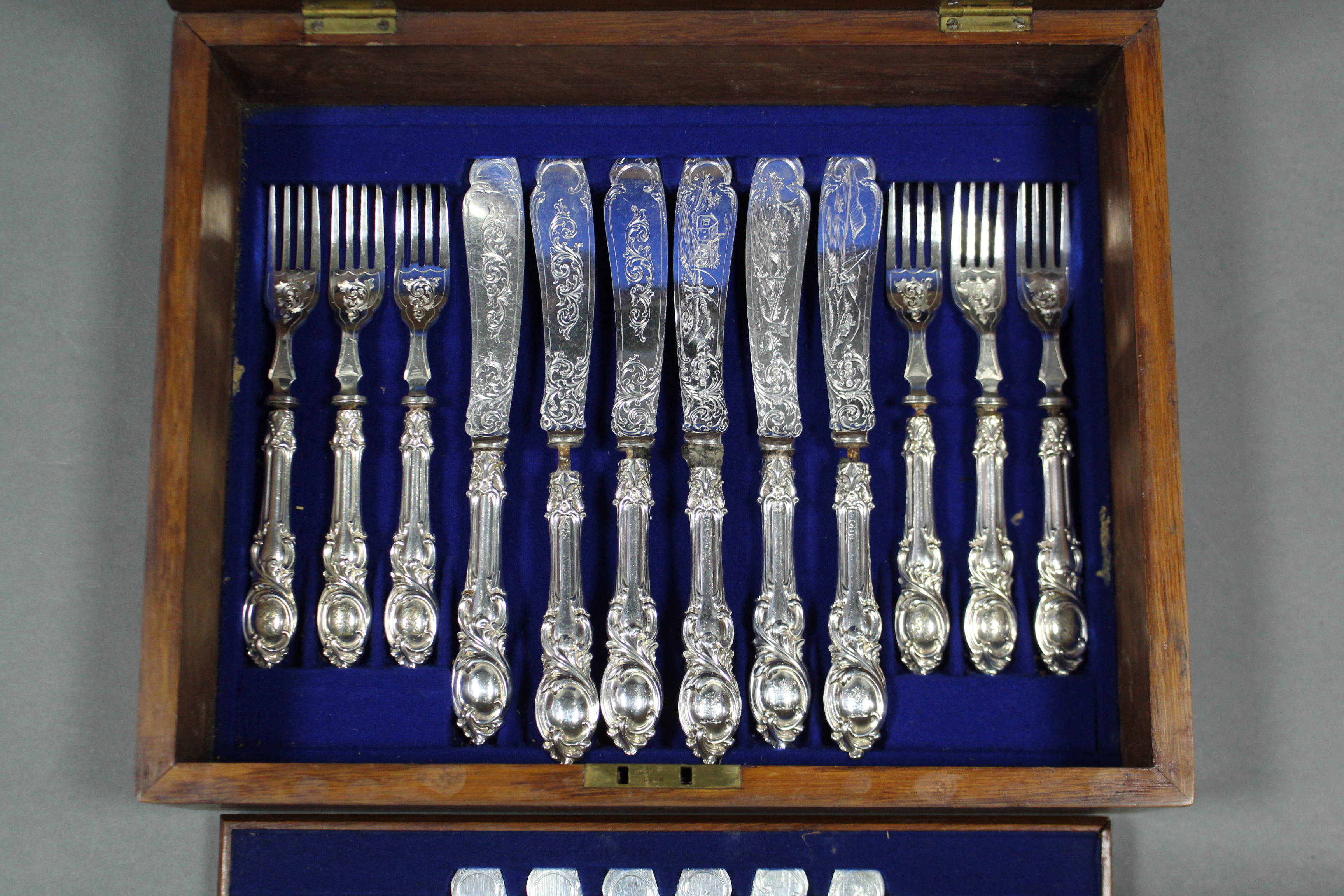 Twelve pairs of late Victorian engraved fish knives & forks, in fitted oak case. - Image 3 of 4