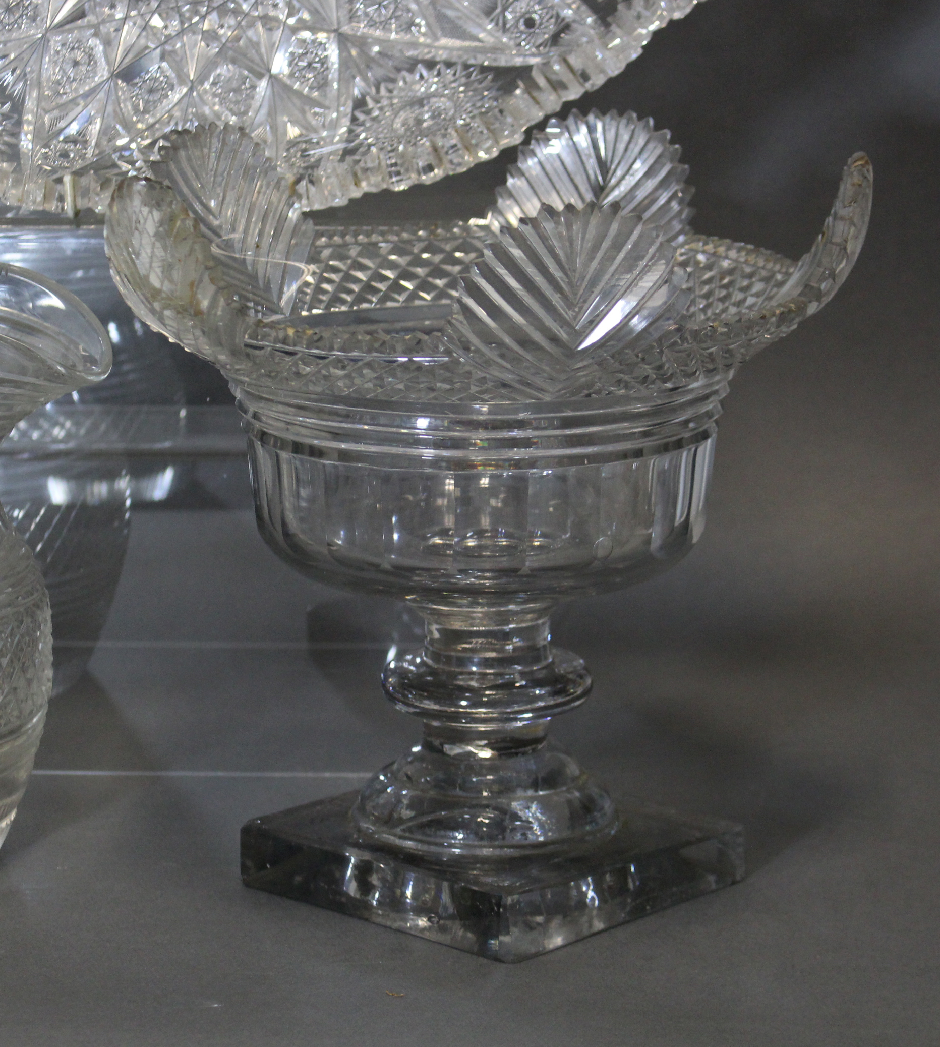 An early 19th century cut-glass deep bowl with lobed rim & fluted body, on turned column & heavy - Image 2 of 8