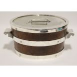 A VICTORIAN COOPERED OAK LARGE CIRCULAR BUTTER TUB, with silver-plated flat cover, side handles &