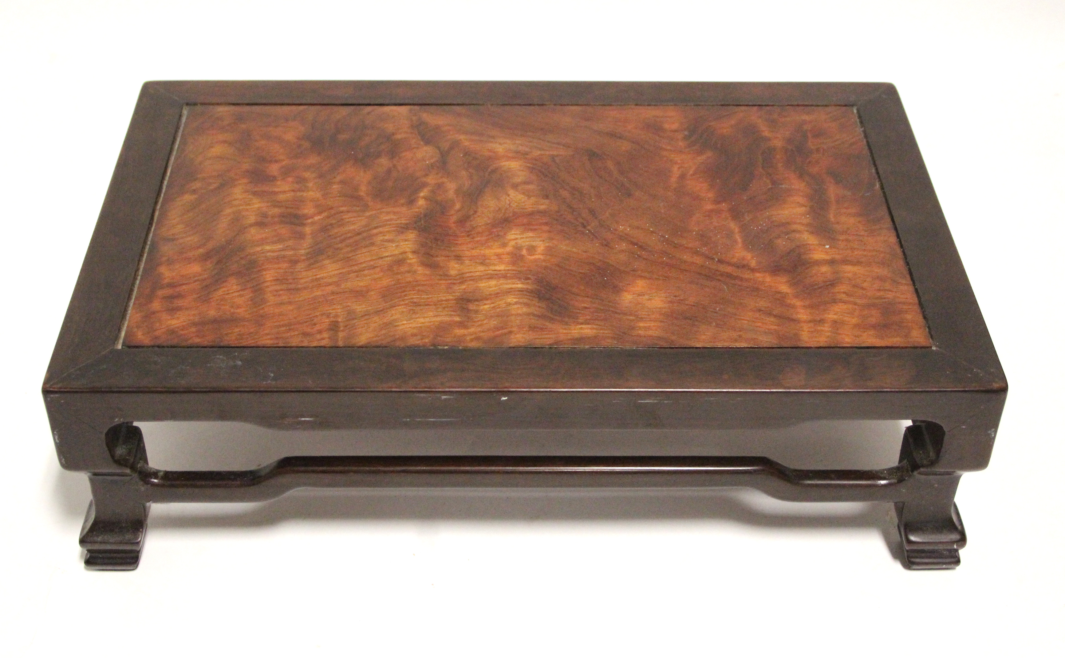 A Chinese huanghuali & rosewood table-top rectangular stand, with pierced frieze & square splay