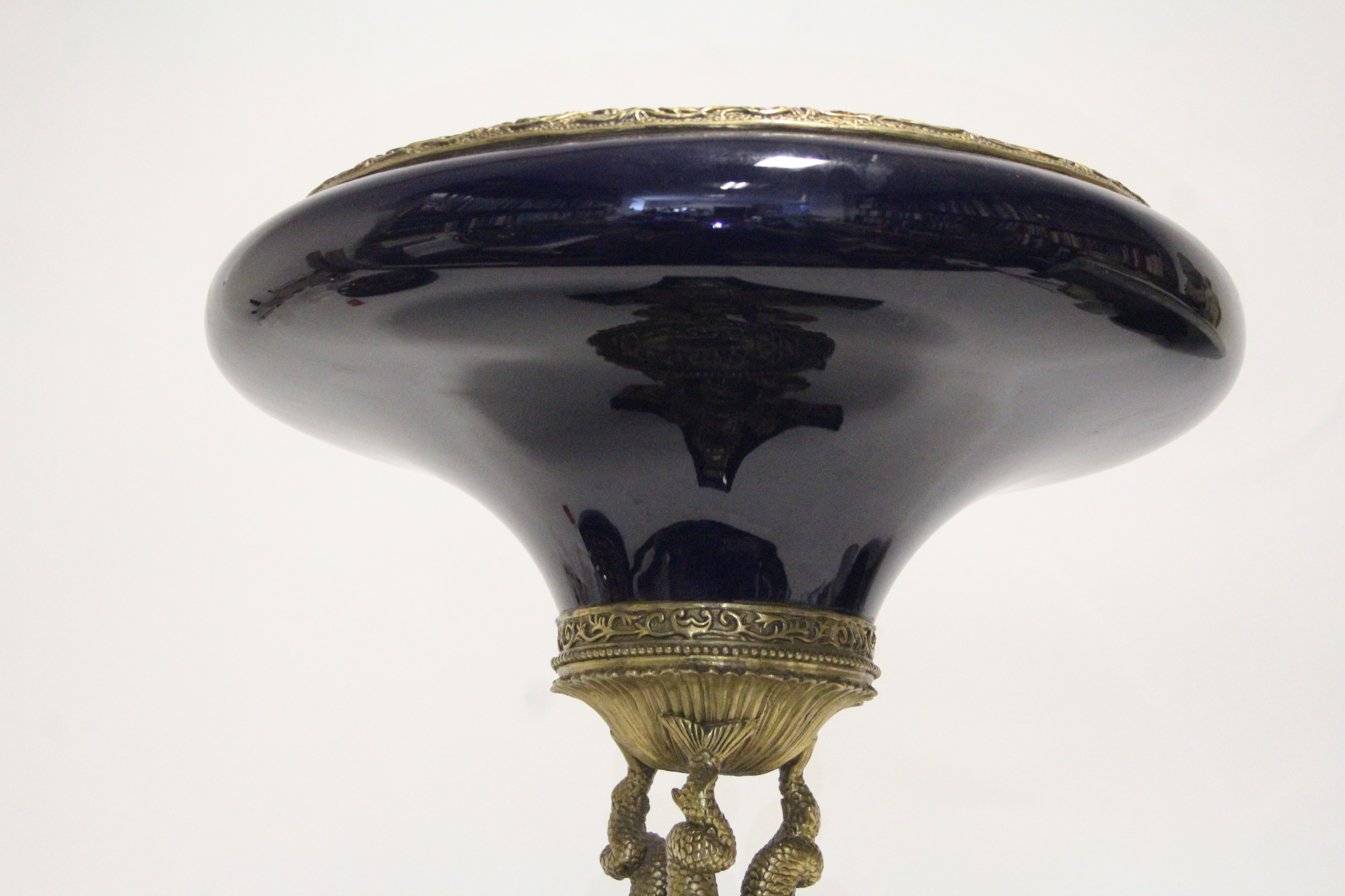 A late 19th/early 20th century continental pottery large comport with deep blue glaze & gilt metal - Image 4 of 4