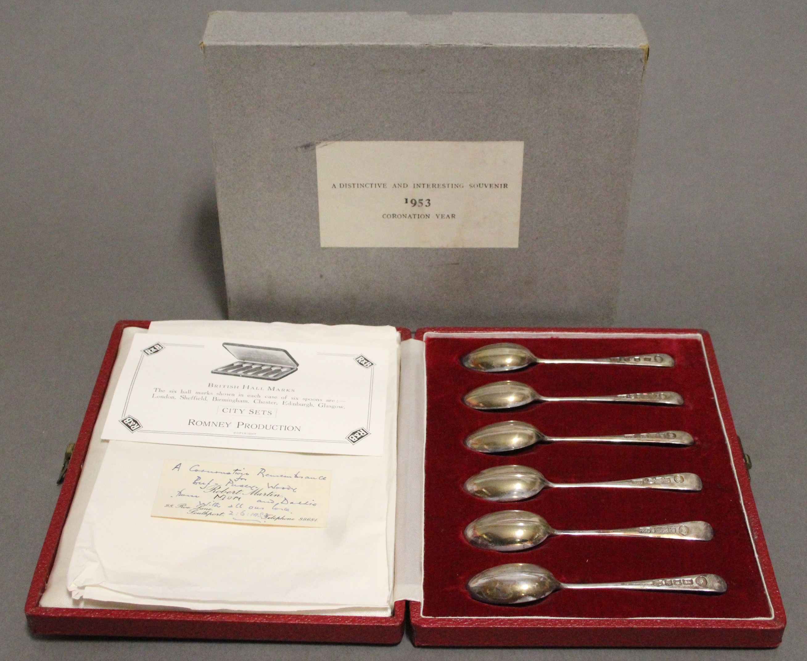 A set of six silver Hanoverian rat-tail teaspoons commemorating the 1953 Coronation, each with the