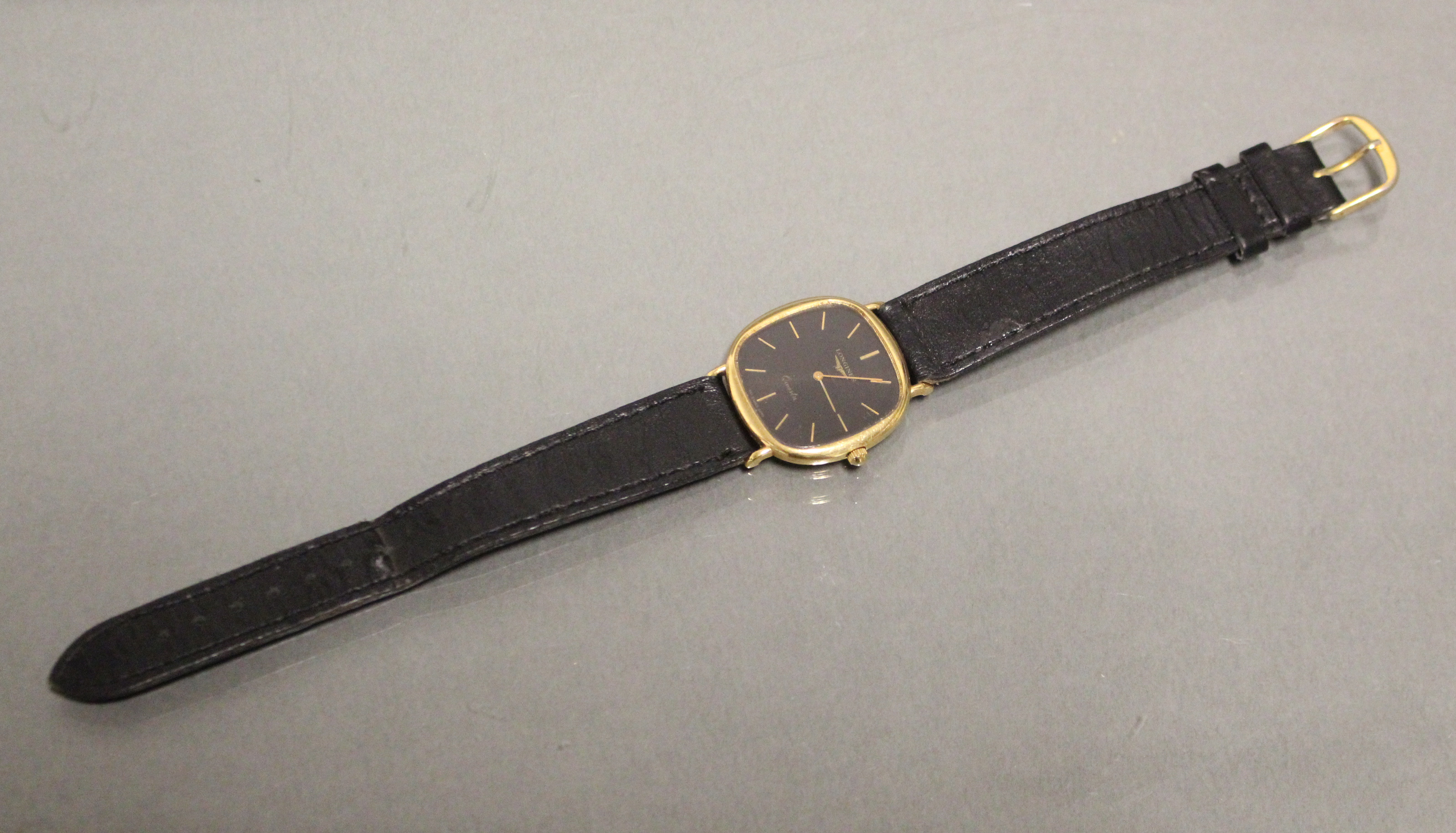 A Longines gent’s wristwatch in 18ct. gold case, the black square dial with rounded corners, gold - Image 2 of 3