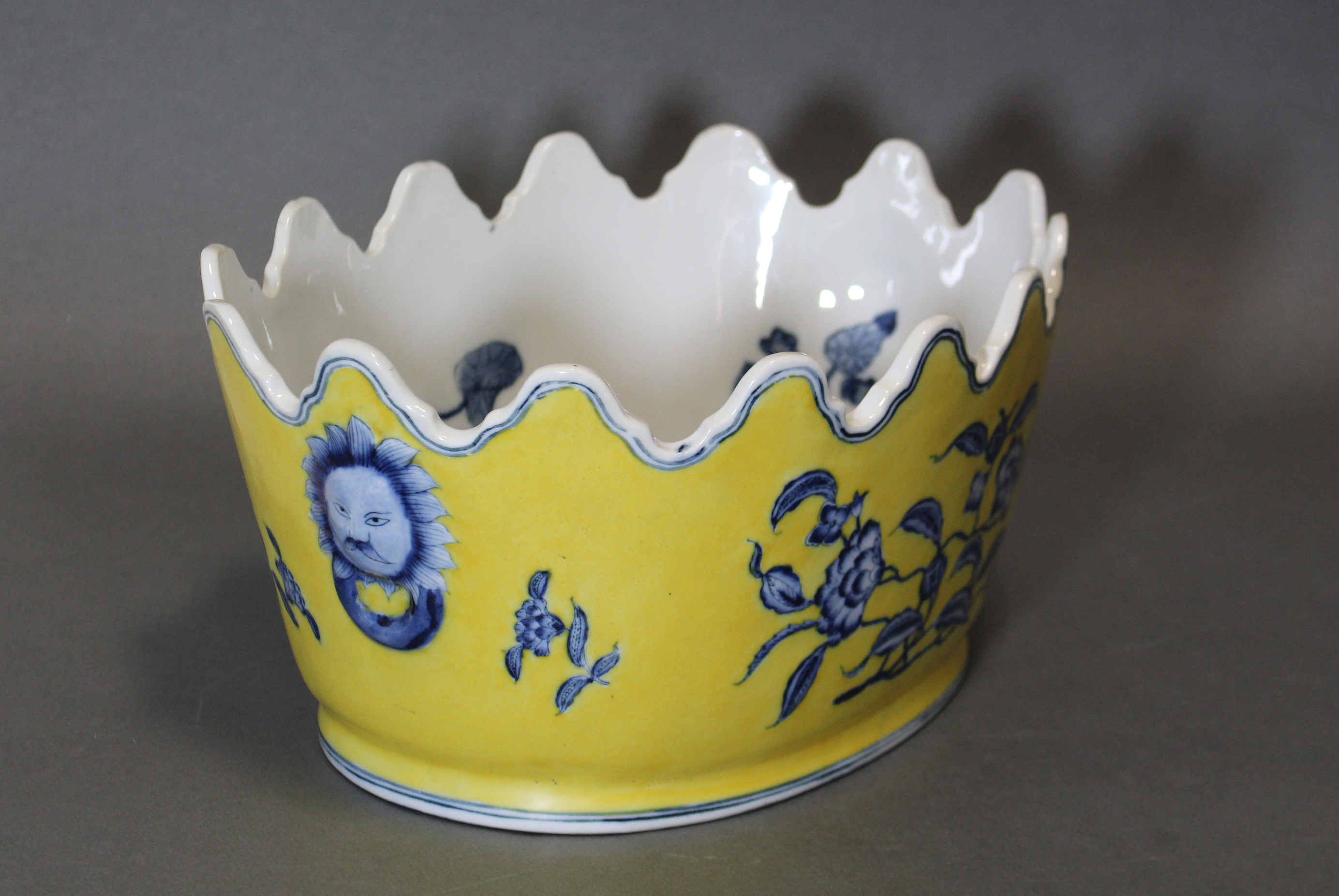 A Chinese porcelain oval jardinière of monteith shape, with underglaze blue decoration on a yellow - Image 3 of 5