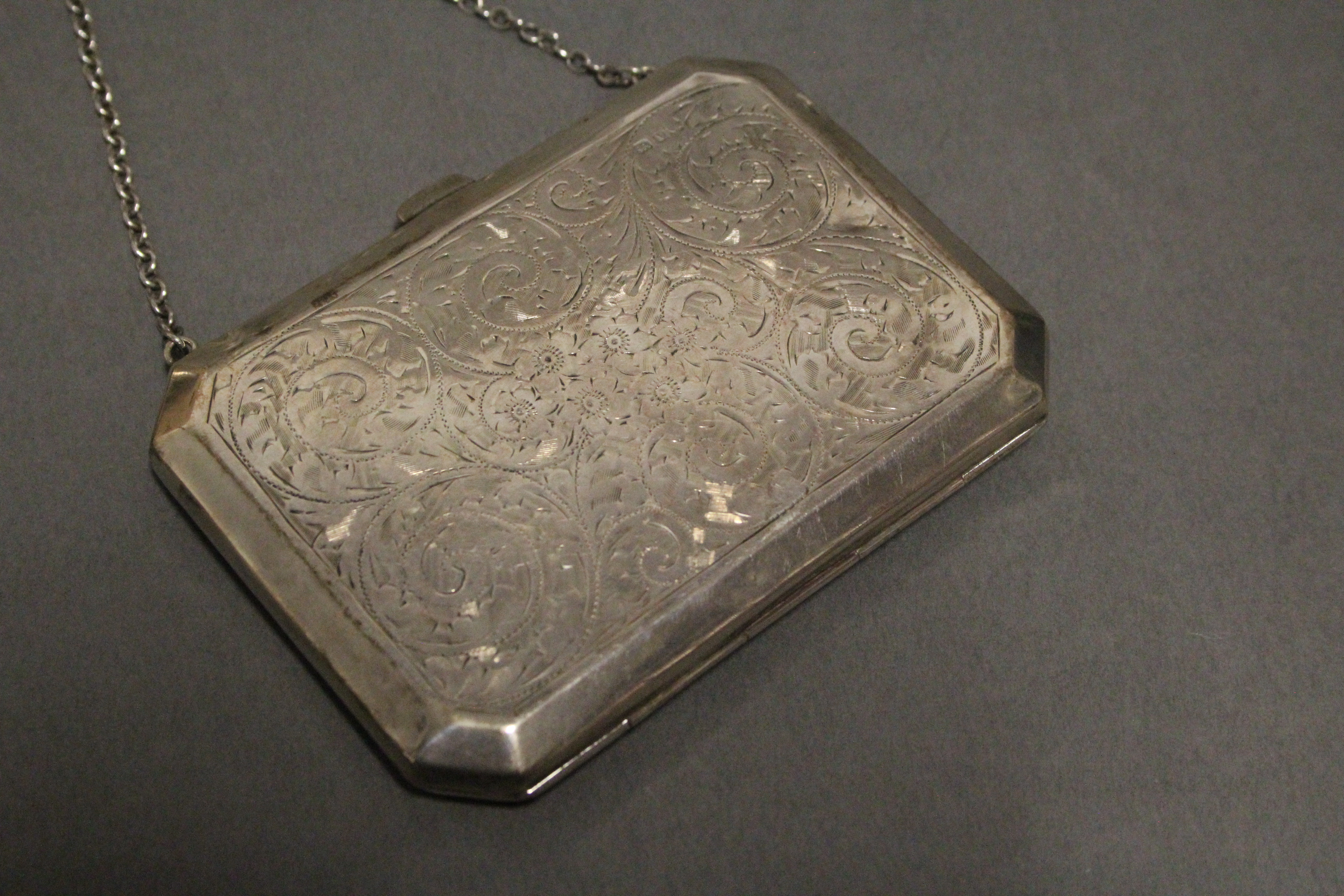 A George V engraved silver rectangular evening purse with canted corners, tan leather interior, & - Image 3 of 4