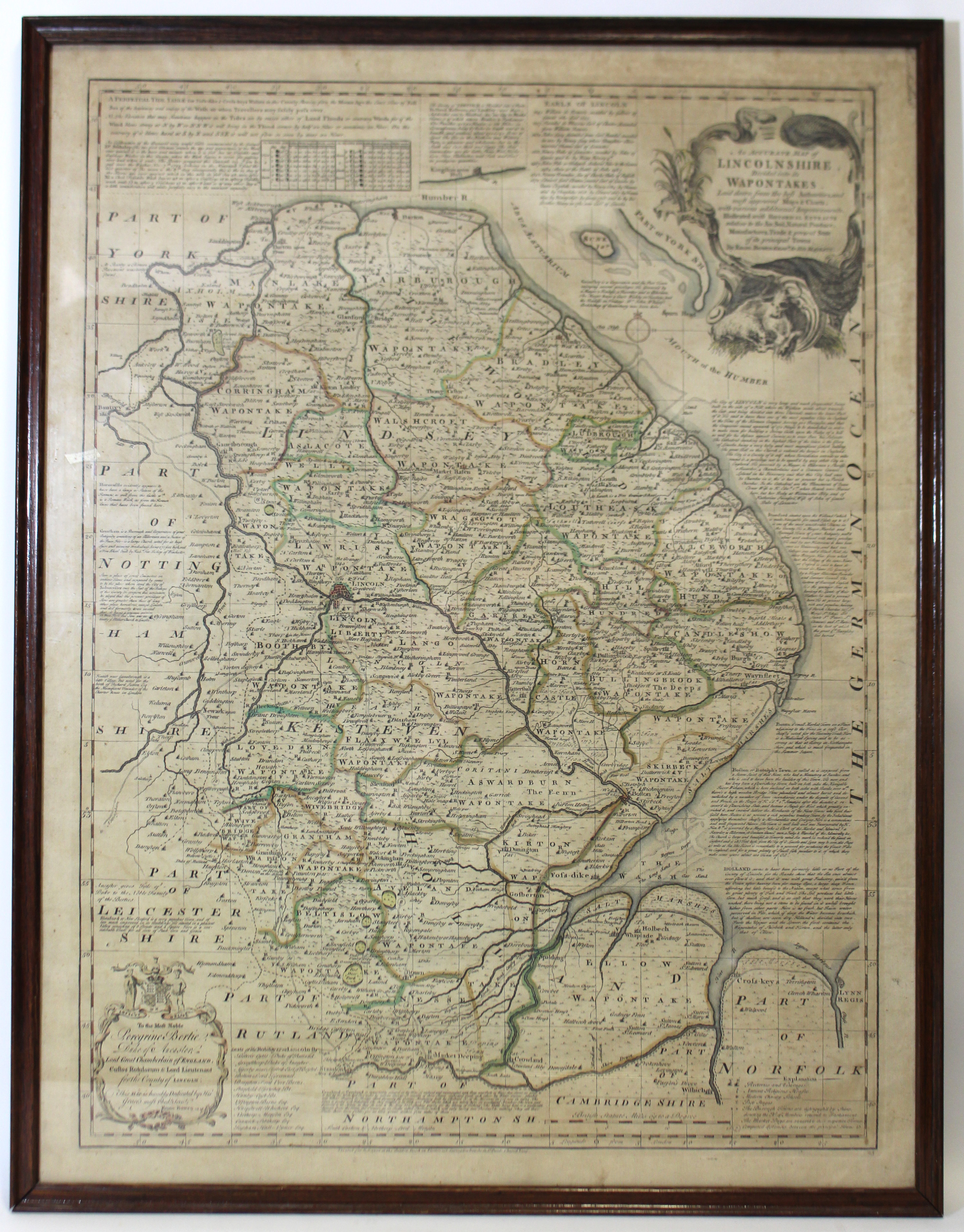 An 18th century coloured engraving “An Accurate Map of Lincolnshire” by Eman. Bowen, printed for