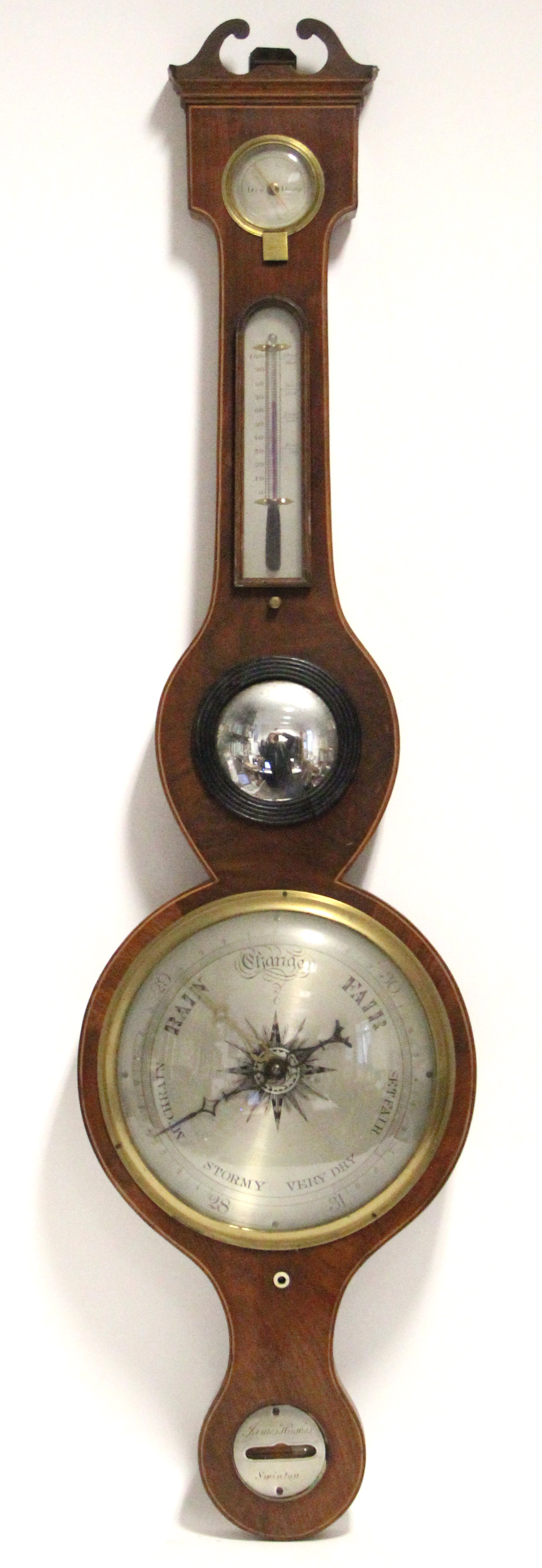 An early 19th century inlaid mahogany-cased banjo barometer by James Hughes of Swinton, with