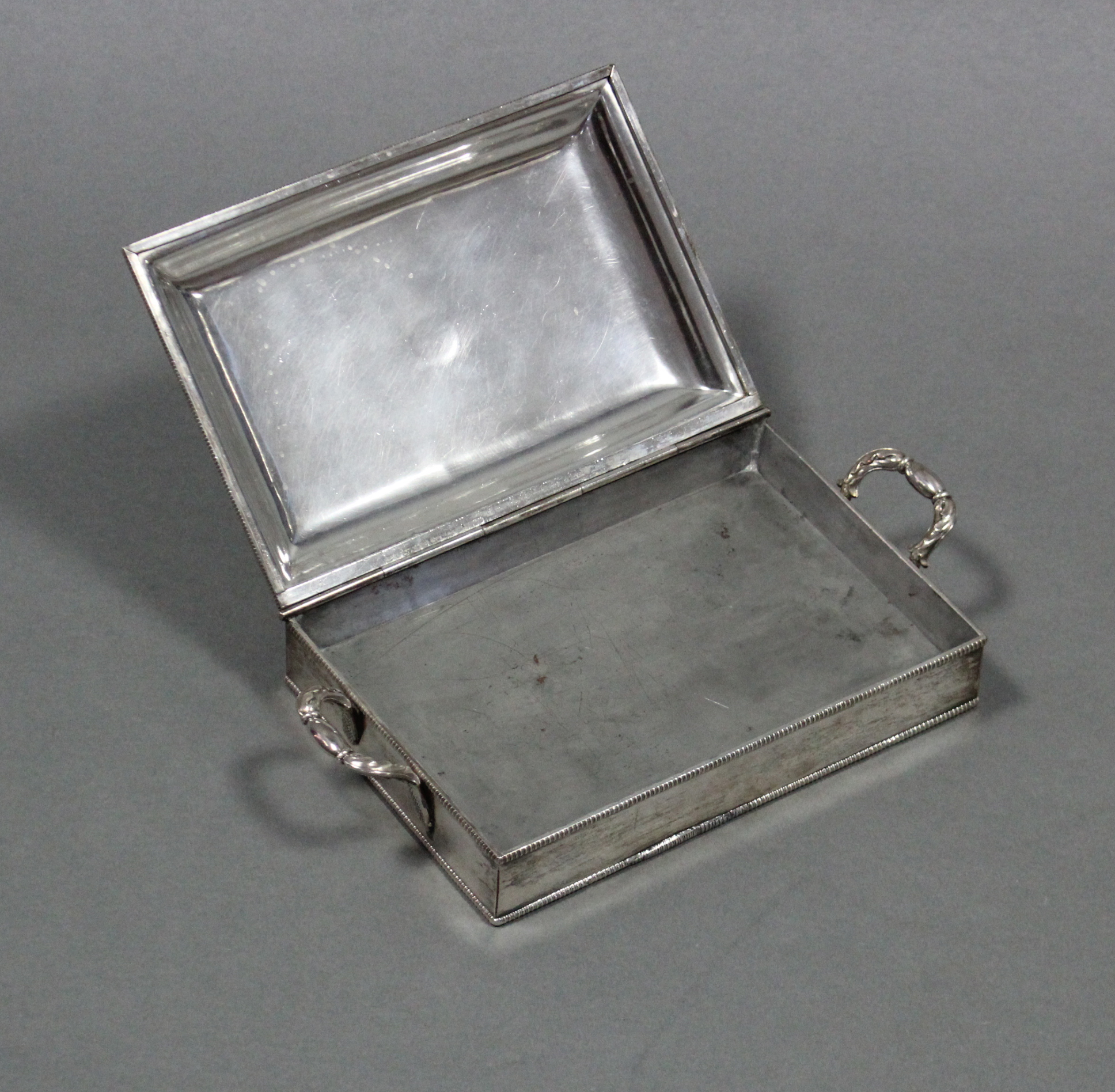 An Old Sheffield plated rectangular hotwell serving dish with hinged lid, gadrooned rims, & - Image 2 of 2