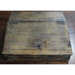 A late 17th century elm Bible box with sloping hinged lid; 18½” wide x 17½” deep.
