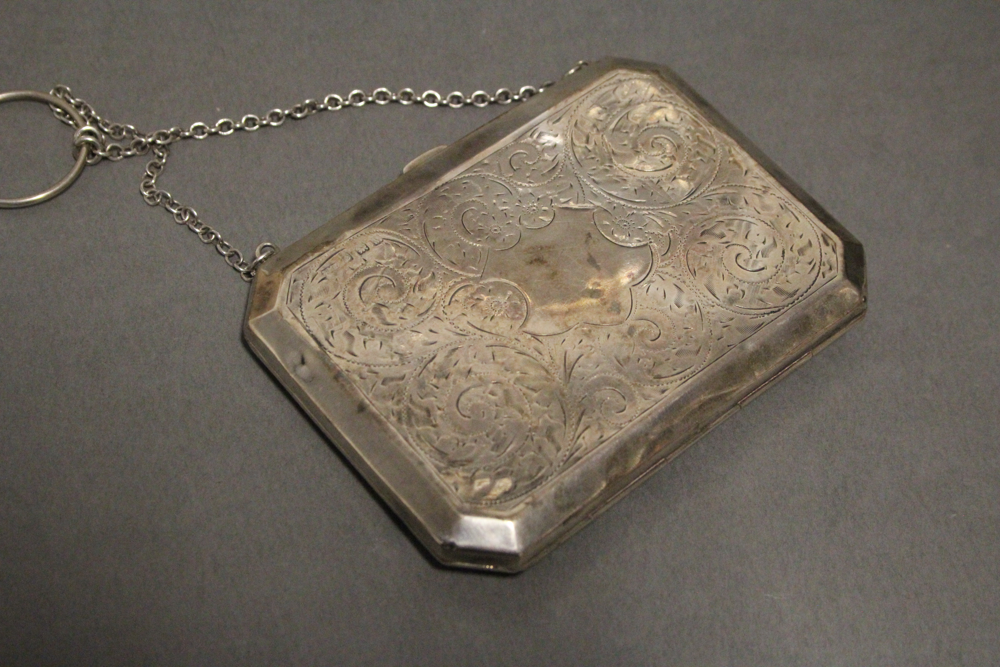 A George V engraved silver rectangular evening purse with canted corners, tan leather interior, & - Image 4 of 4