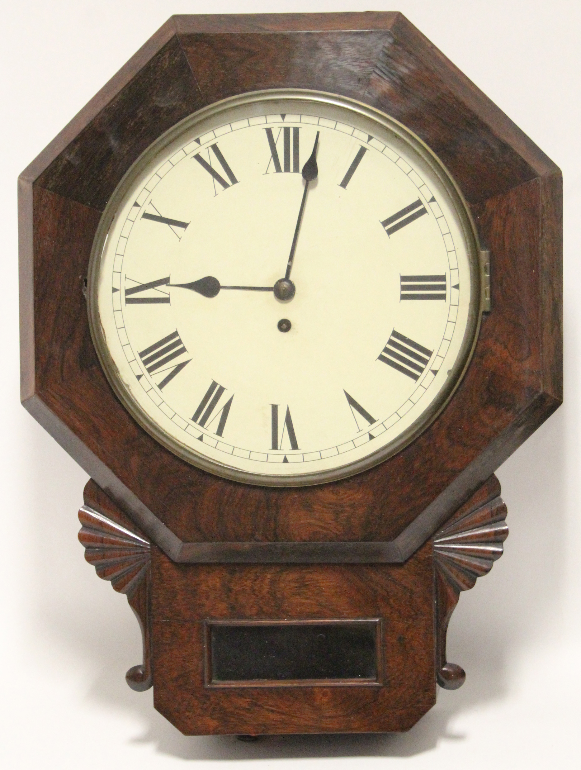 A mid-Victorian drop-dial wall timepiece, the white enamel dial with roman numerals, single fusee