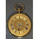 A Victorian 18ct. gold ladies’ fob watch, the gold dial with black roman numerals, the matted centre