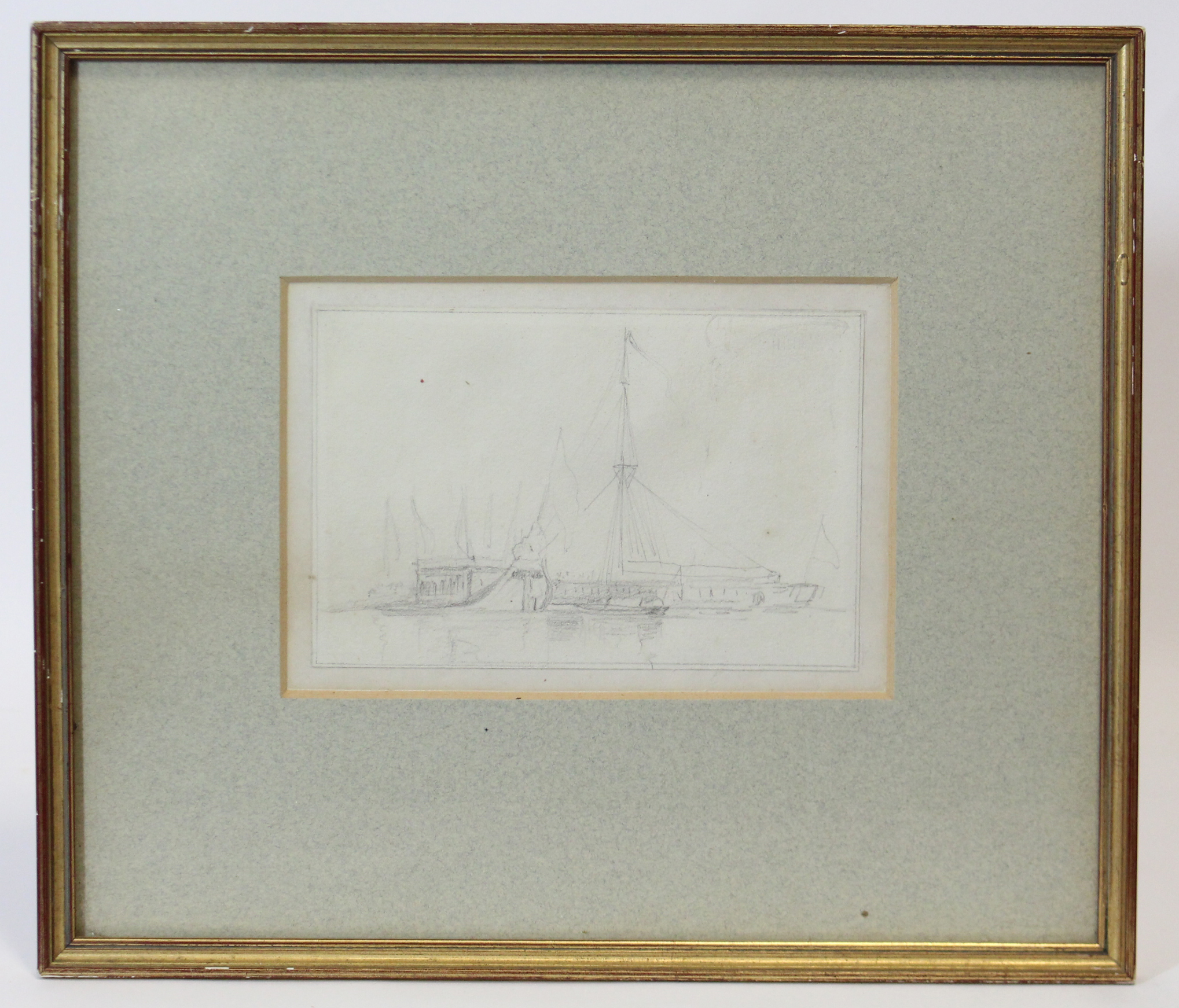 E. W. COOKE, R.A., R.F.S. (1811-1880). A barge & sailing vessels in calm waters. Pencil on paper; 4” - Image 2 of 3