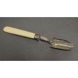 A late Victorian silver cheese scoop with plain ivory handles, 8” long; London 1898 by W. S.