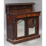 An early Victorian rosewood chiffonier, the stage top with carved gallery & turned supports,