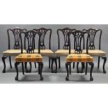A set of six carved mahogany Chippendale style dining chairs with pierced splat backs, padded