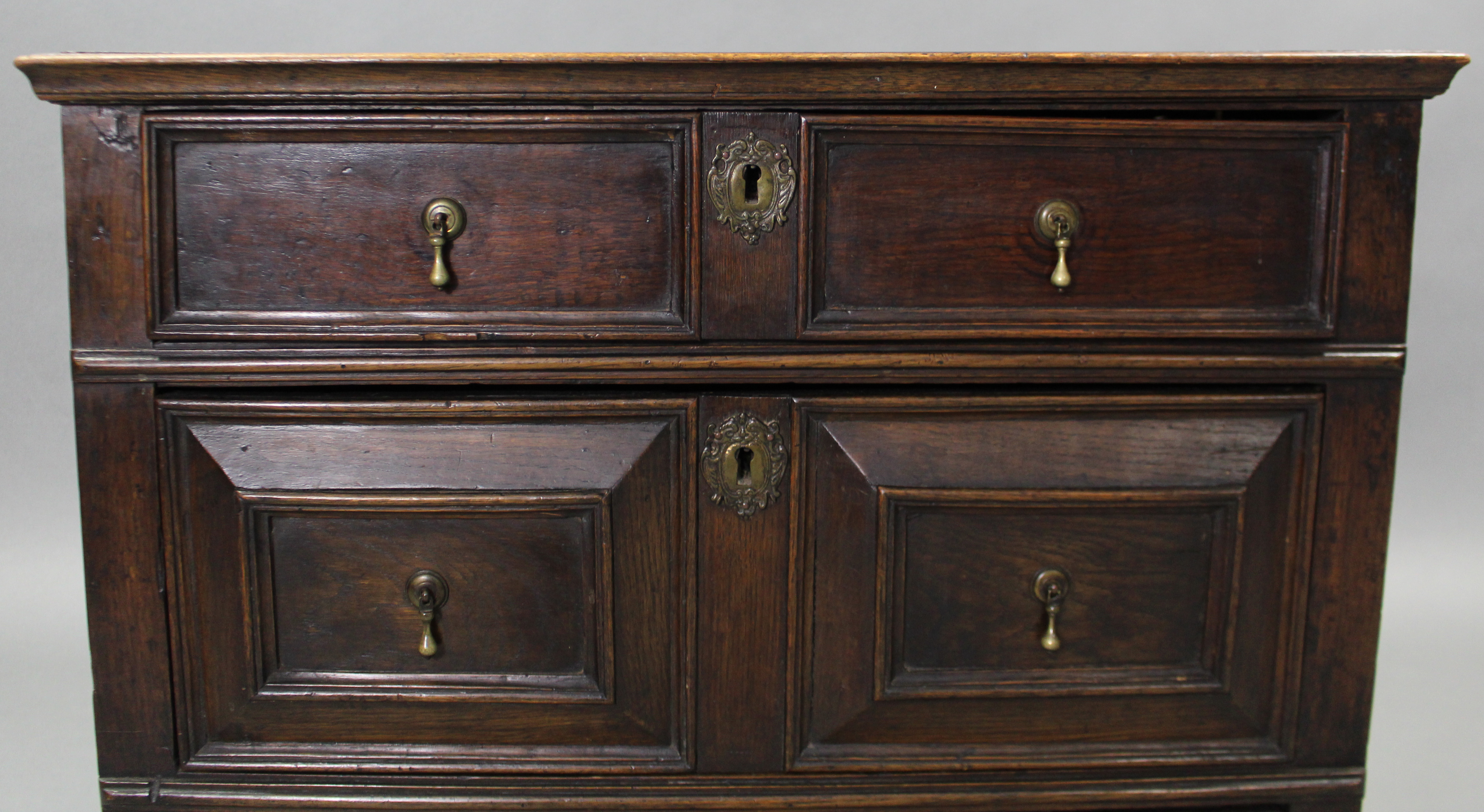 A 17th century OAK JACOBEAN SMALL CHEST, fitted three drawers with applied geometric mouldings & - Image 2 of 5