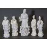 A group of five Chinese blanc-de-chine figures of immortals, the largest 7¾” high; four 5¾” high. (